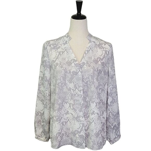 Jennifer Lopez Gray Snakeskin Print Notched V-neck Long Sleeve Blouse Size M - Picture 1 of 10